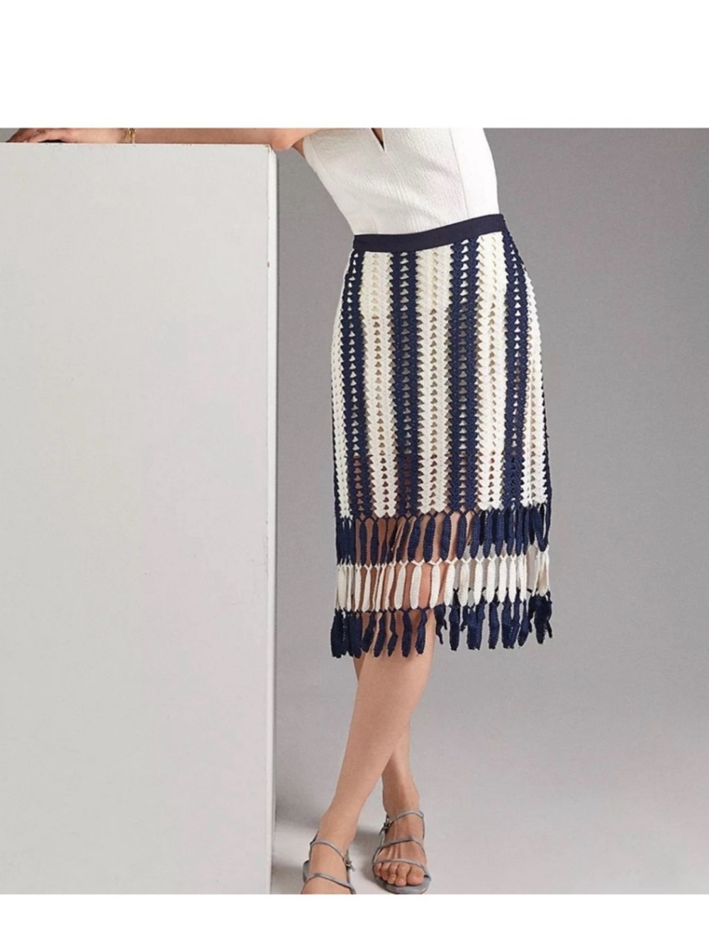 Eva Franco Navy and White Crochet Fringe Midi Skirt